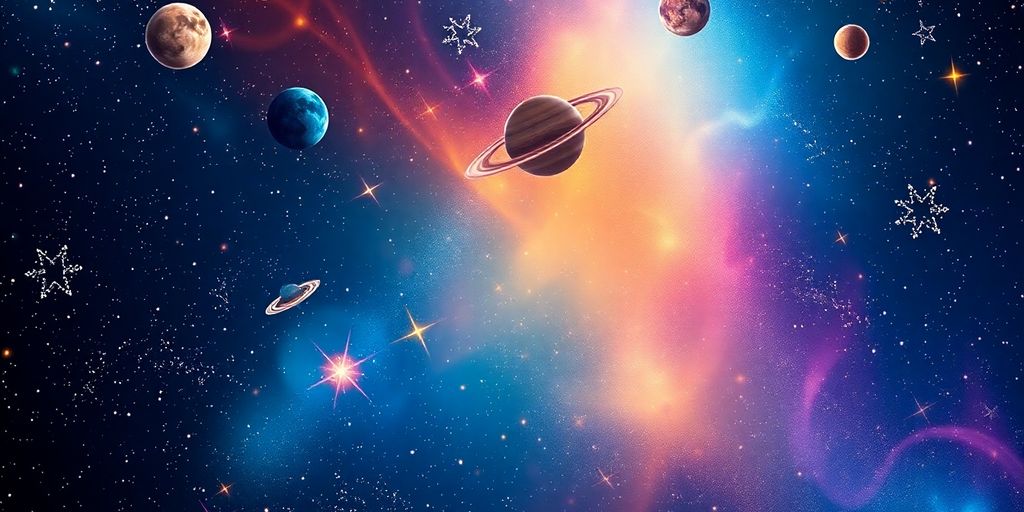 Cielo estrellado con planetas y un fondo cósmico.