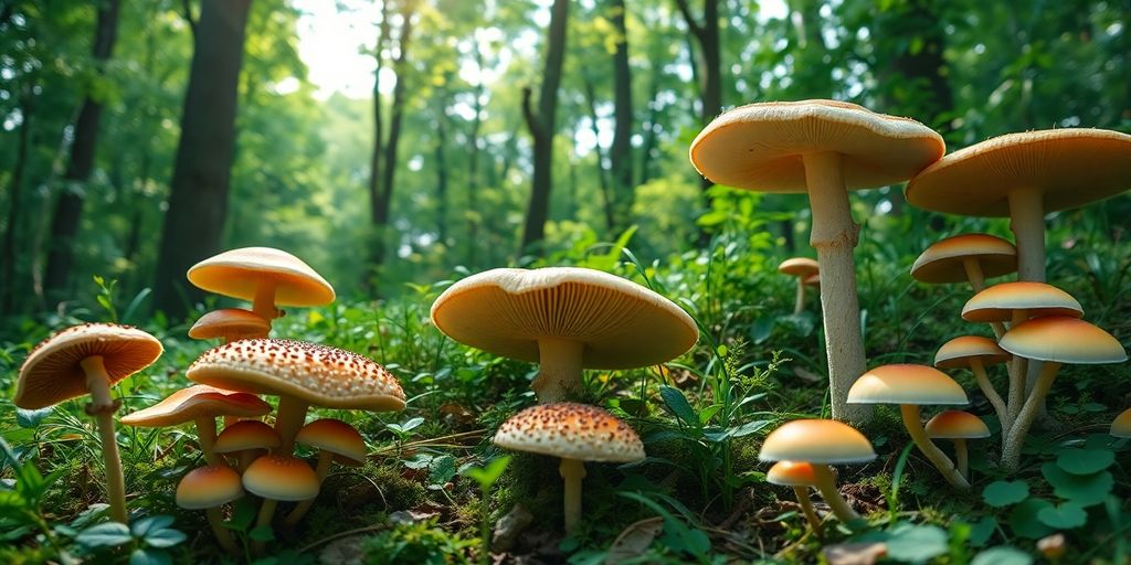 Hongos medicinales en un bosque verde y sereno.