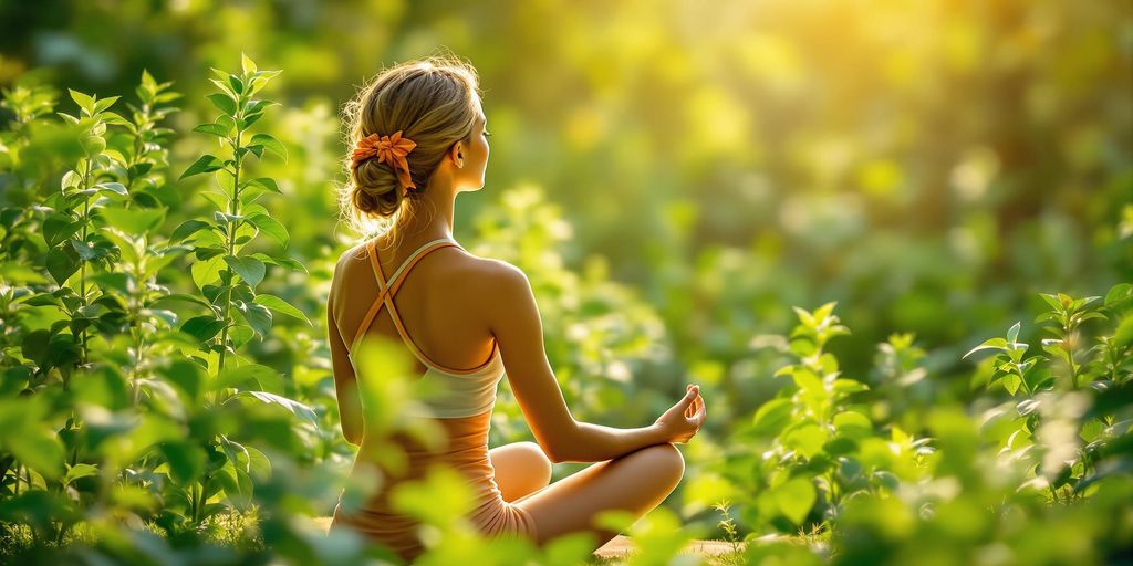 Mujer meditando entre plantas de ashwagandha.