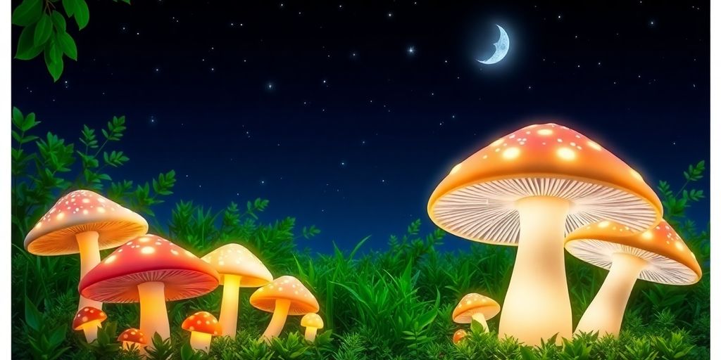 Hongos iluminados bajo un cielo estrellado y verde