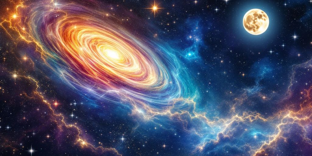 Imagen de un cielo estrellado y galaxias brillantes.