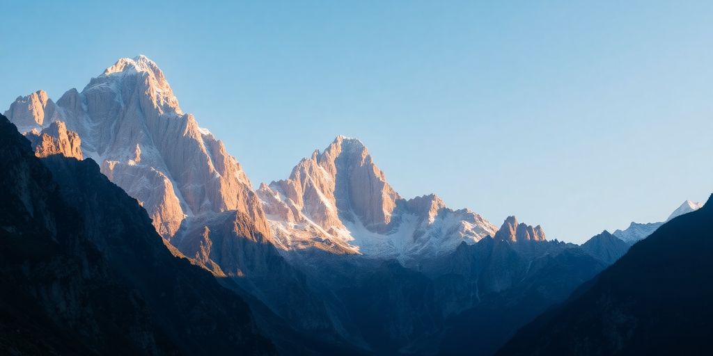 Paisaje montañoso con luz dorada al amanecer.