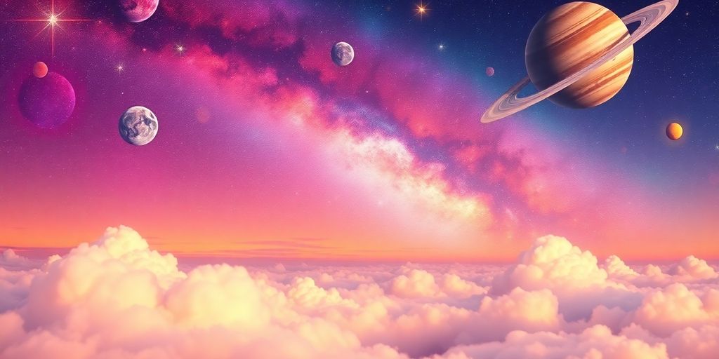 Cielo estrellado con nubes y planetas brillantes.