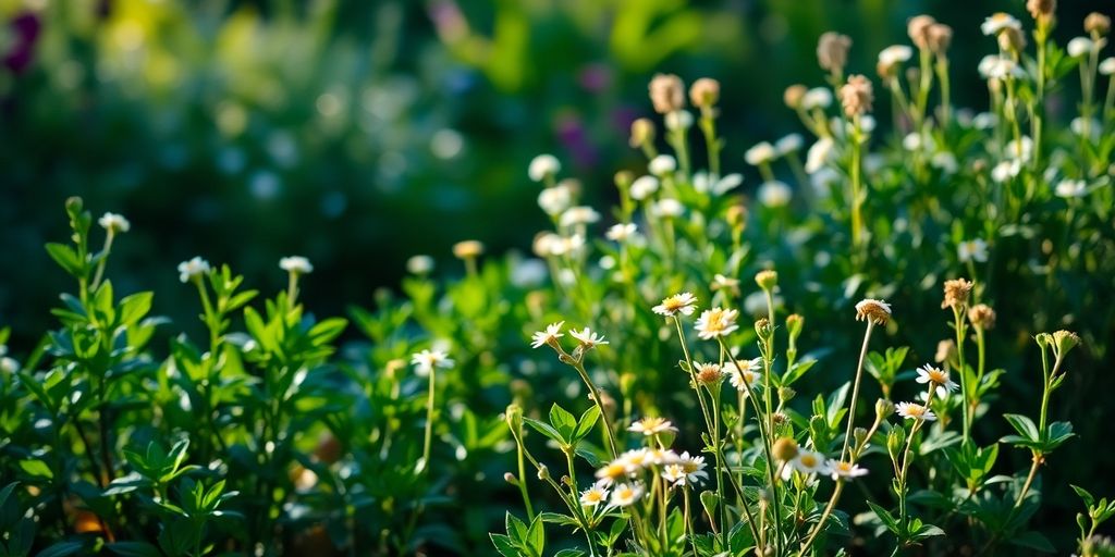 Jardín sereno con flores delicadas y luz natural.