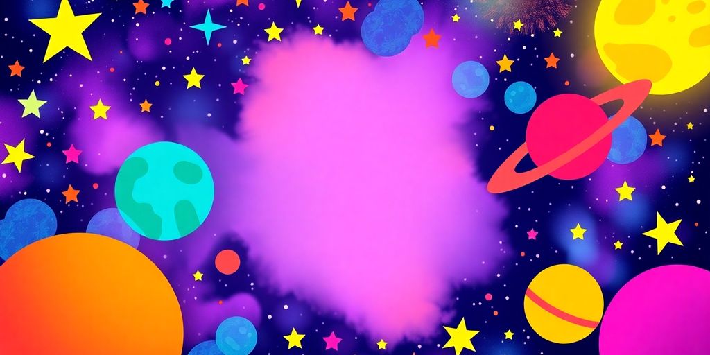 Fondo celestial con estrellas, planetas y luna brillante.