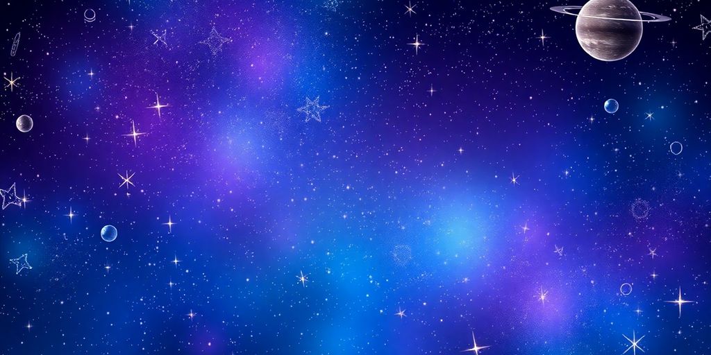 Cielo estrellado con planetas y elementos cósmicos.