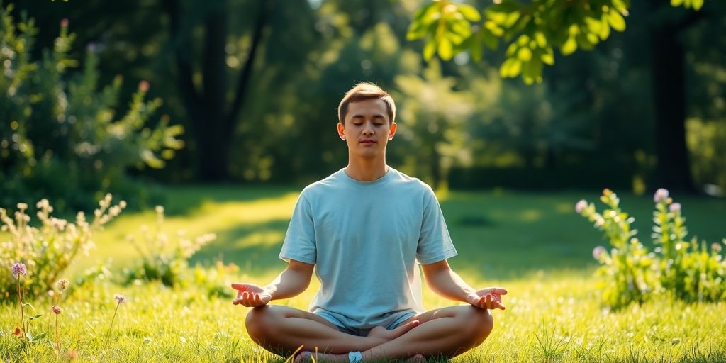 Persona meditando en la naturaleza, rodeada de tranquilidad.