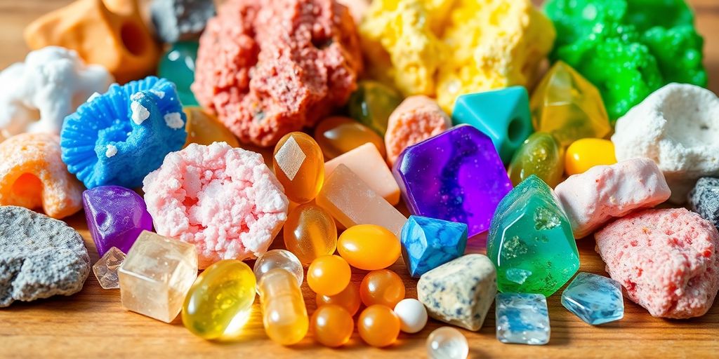 Variedad de minerales y suplementos saludables sobre mesa de madera.