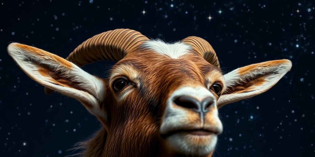 Cabeza de cabra bajo un cielo estrellado.