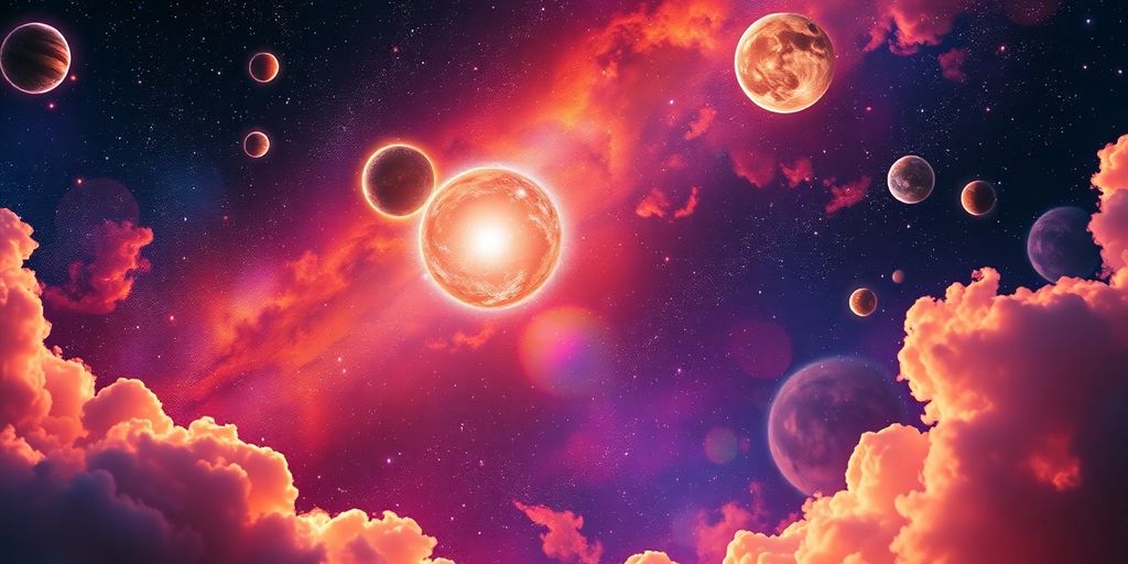 Escena cósmica con estrellas brillantes y planetas.
