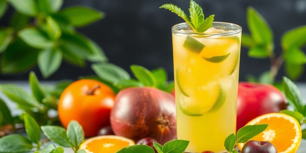Bebida natural en un vaso rodeada de frutas y hojas.