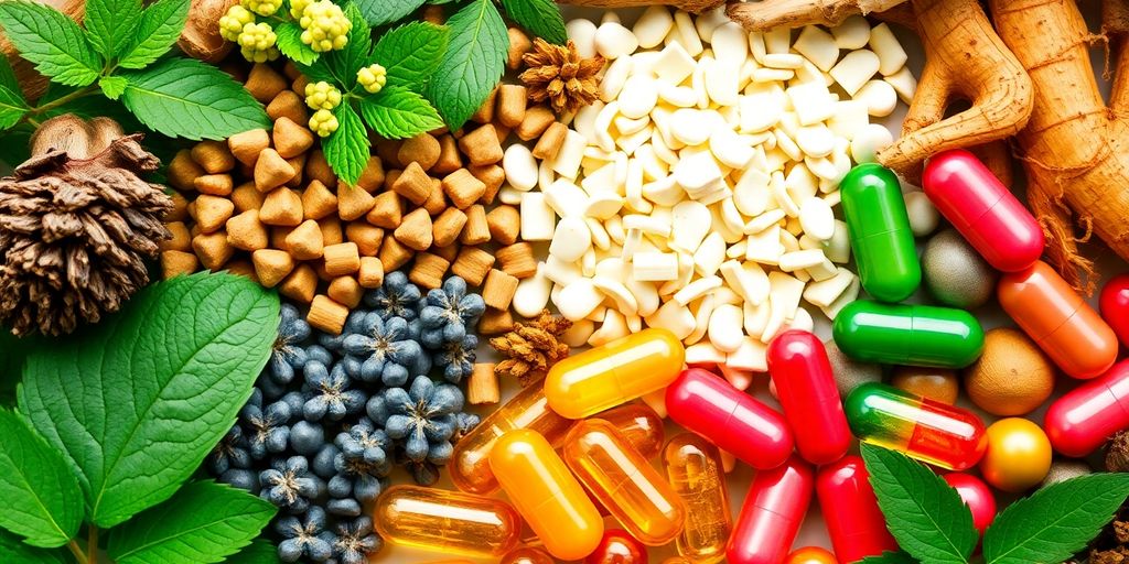 Suplementos de adaptógenos y vitaminas saludables.