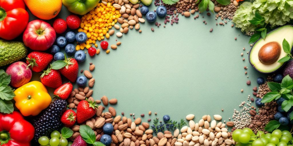 Variedad de frutas y verduras frescas y coloridas.