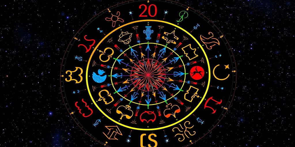 Rueda zodiacal con elementos celestiales y colores vibrantes.