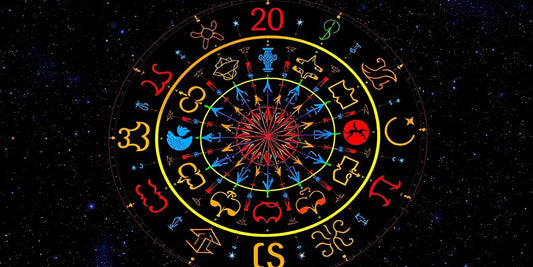 Rueda zodiacal con elementos celestiales y colores vibrantes.