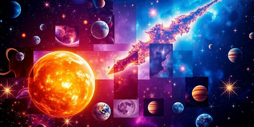 Collage fotográfica de elementos cósmicos vibrantes.