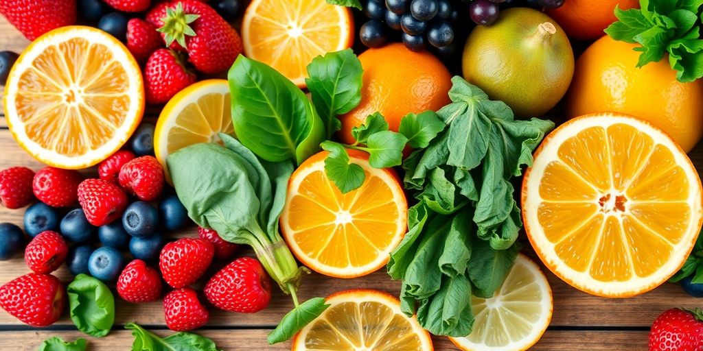 Frutas y verduras frescas ricas en vitaminas para la piel.