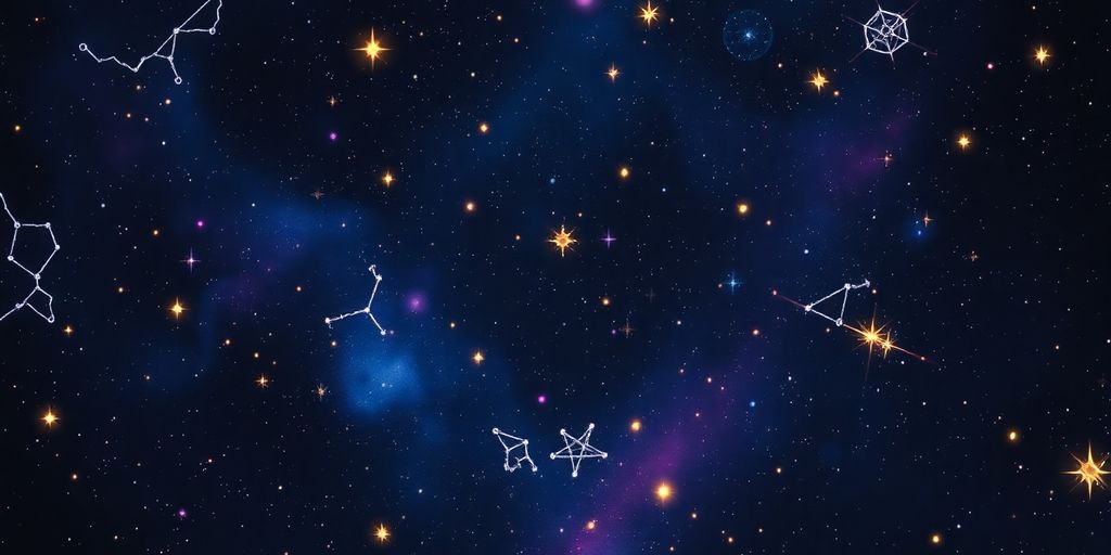 Cielo estrellado con constelaciones brillantes y colores vibrantes.