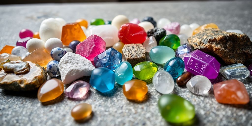 Colección de minerales coloridos sobre una superficie texturada.
