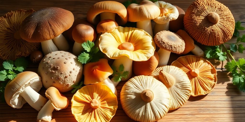 Fotografía de hongos energizantes sobre una superficie de madera.