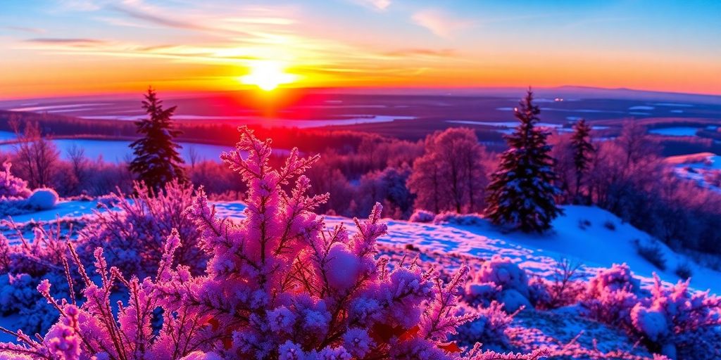 Paisaje vibrante con colores festivos y elementos invernales.