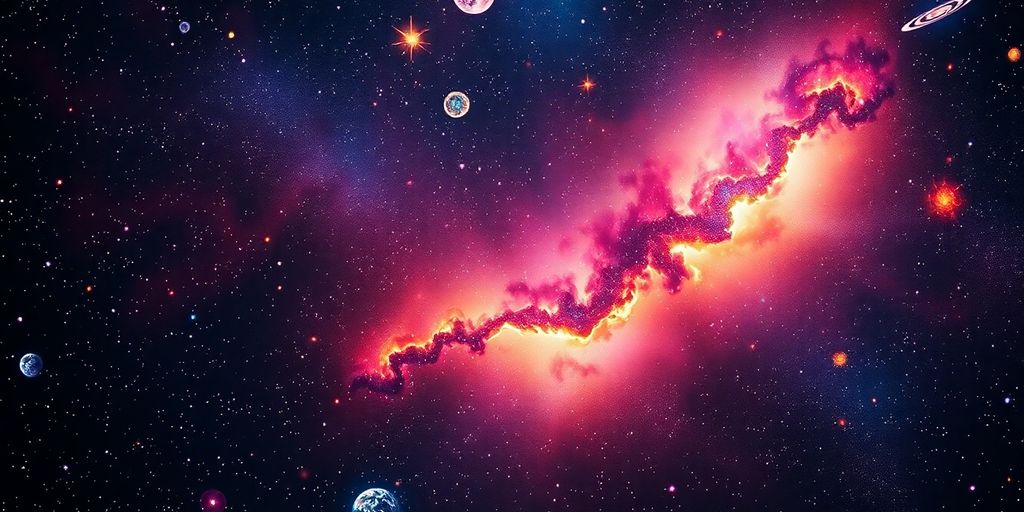 Imagen cósmica vibrante con estrellas y cuerpos celestes.