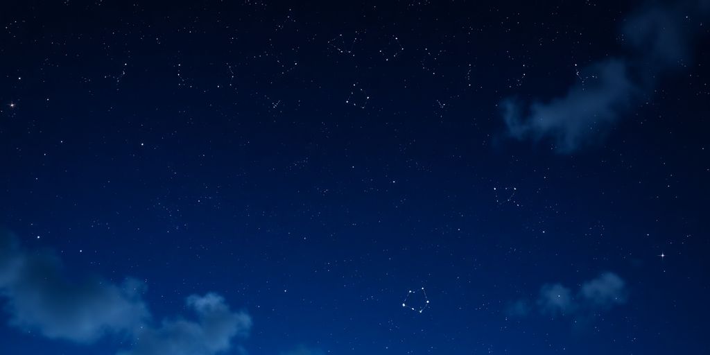 Cielo estrellado con constelaciones brillantes y nubes suaves.