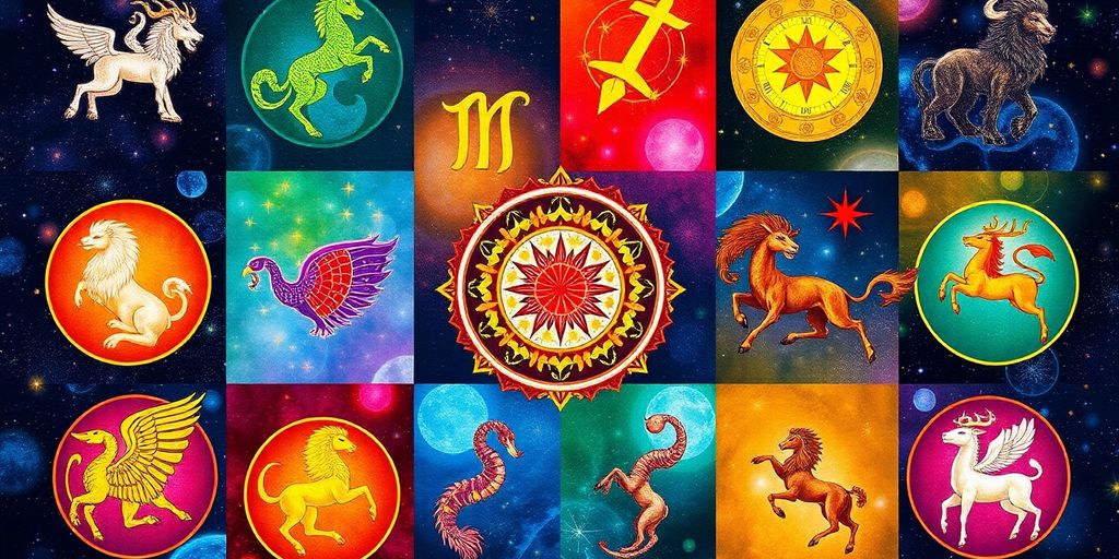 Collage de los signos zodiacales con elementos coloridos.