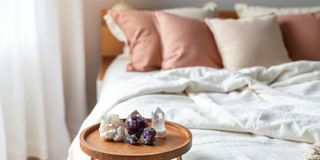 Minerales en una mesa al lado de una cama serena.