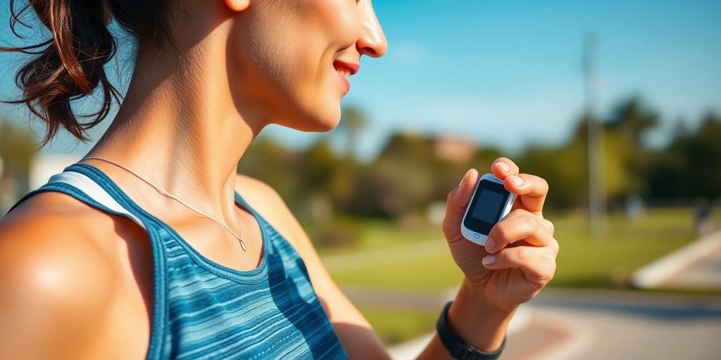 Persona controlando su monitor de glucosa en ejercicio.