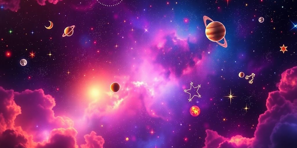 Cielo celeste lleno de estrellas y elementos cósmicos.