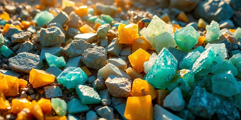 Minerales diversos en un paisaje natural vibrante.