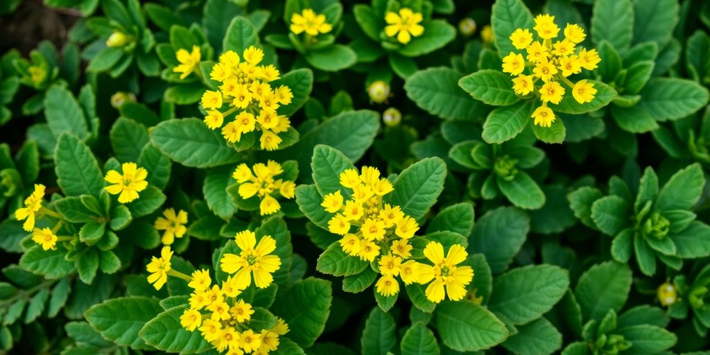 Planta de Rhodiola rosea con hojas verdes y flores amarillas.