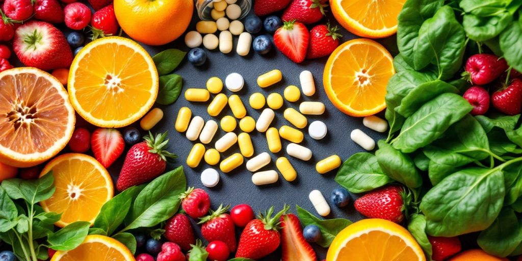 Vitaminas y frutas frescas para combatir el cansancio.