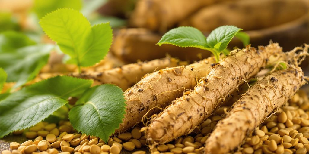 Raíces y hojas de Ashwagandha frescas en primer plano.