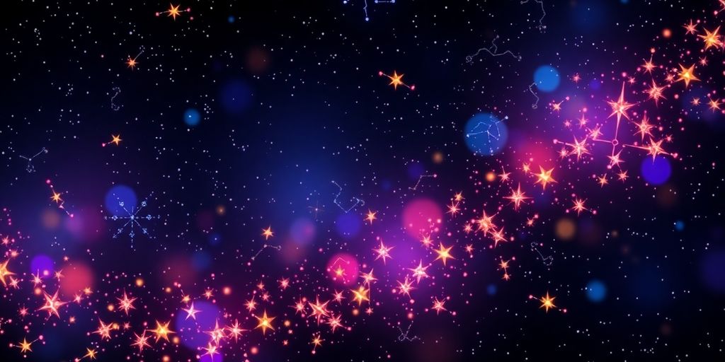 Cielo estrellado con elementos astrológicos y colores etéreos.
