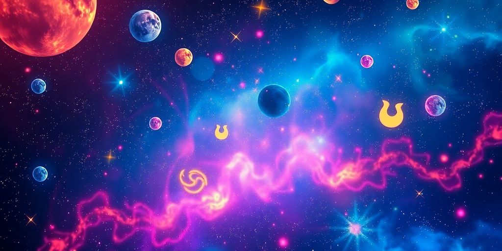 Imagen cósmica con cuerpos celestes y luces etéreas.
