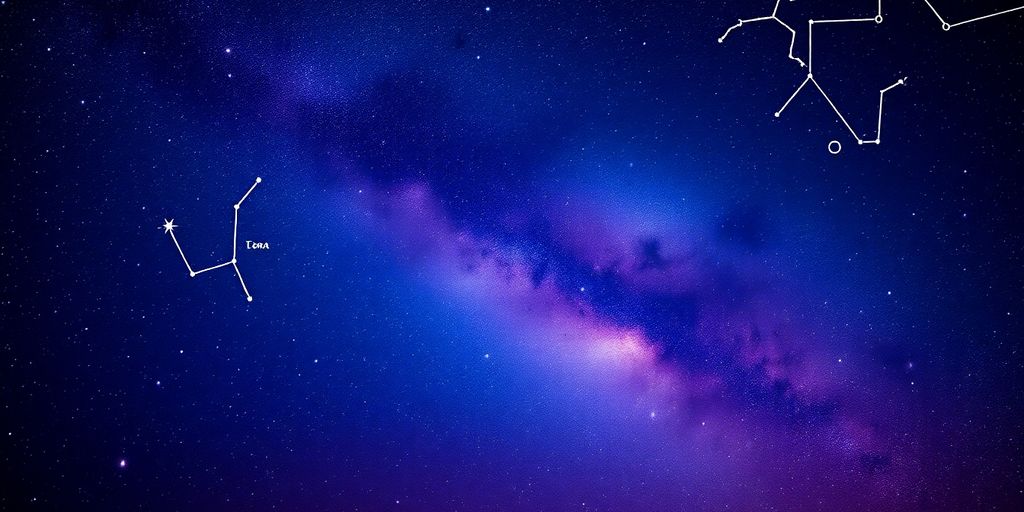 Cielo estrellado con constelaciones y la Vía Láctea.