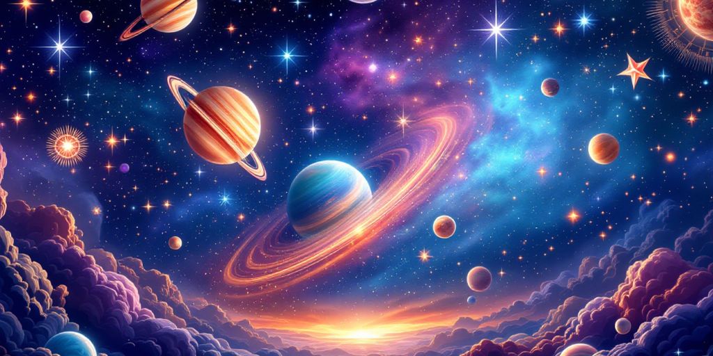 Paisaje cósmico con estrellas y planetas.