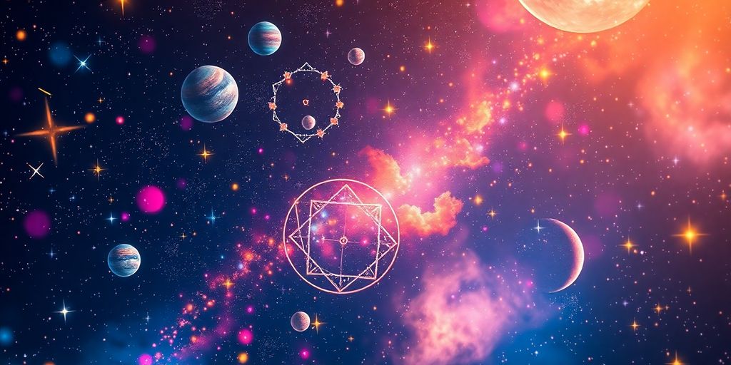 Fondo cósmico lleno de estrellas y planetas.