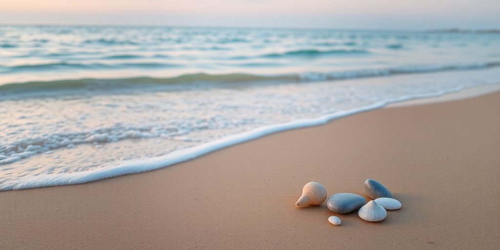 Paisaje costero sereno al atardecer con conchas.