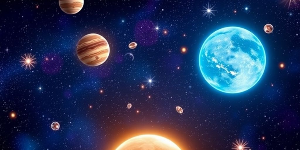 Cielo estrellado con planetas y elementos celestiales.
