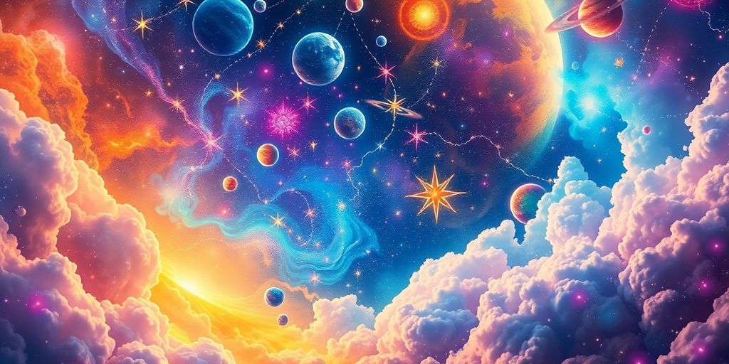 Escena cósmica con estrellas y planetas coloridos.