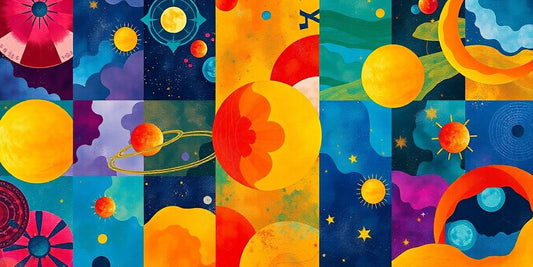 Collage colorido de elementos cósmicos y patrones abstractos.