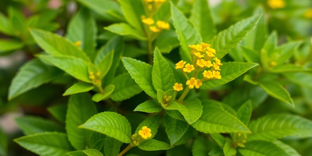 Planta de tribedoce con flores amarillas y hojas verdes.