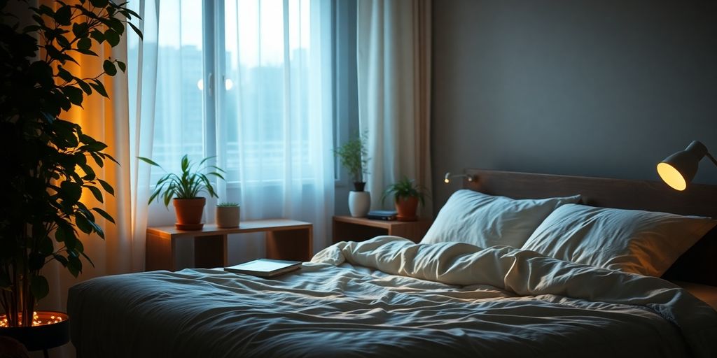 Escena nocturna tranquila con dormitorio y plantas.