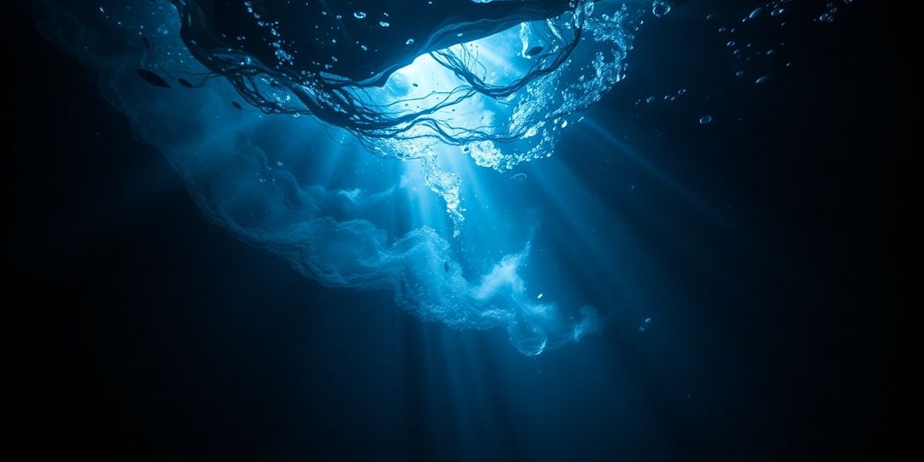 Escena submarina misteriosa con vida marina vibrante.