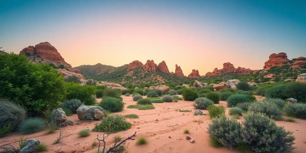 Paisaje natural con tonos terrosos y vegetación exuberante.