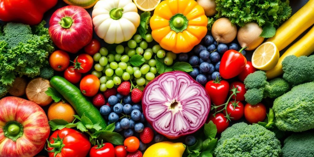 Variedad de frutas y verduras frescas y coloridas.