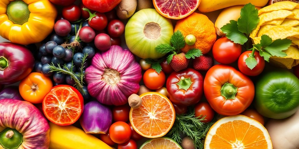 Varias frutas y verduras frescas y coloridas.